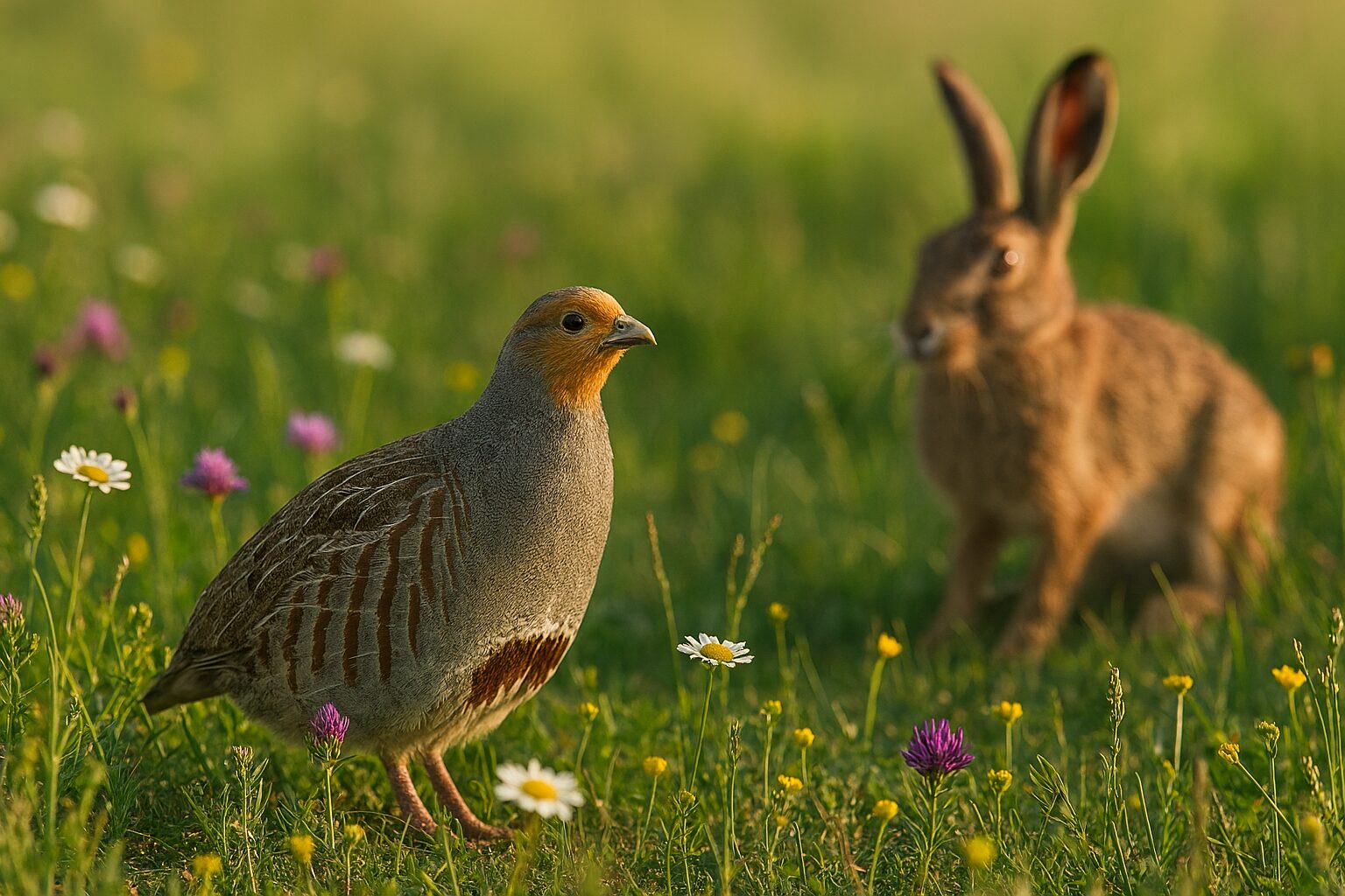 Ein Fasan und ein Hase auf einer Wiese
